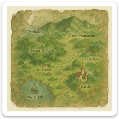 realistic crinkled and water damaged map, natural colors, soft, fairy-like atmosphere, no background, square size sticker