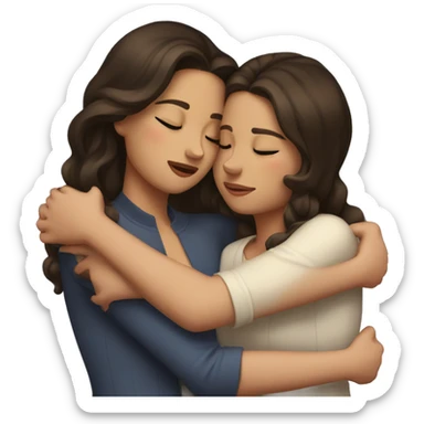 A brunette in her 20s hugging a younger version of herself with closed eyes sticker