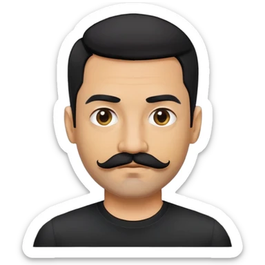 đàn ông 40 tuổi, da vàng đậm, tóc ngắn màu đen, ria mép màu đen, áo đen sticker