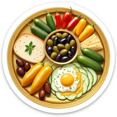 A beautifully arranged Middle Eastern breakfast spread, served in elegant golden plates., cucumbers, and bell peppers, along with olives, dates, and cheeses. There are also classic breakfast staples like scrambled eggs, cold cuts, honey, jam, and creamy cheeses.  sticker