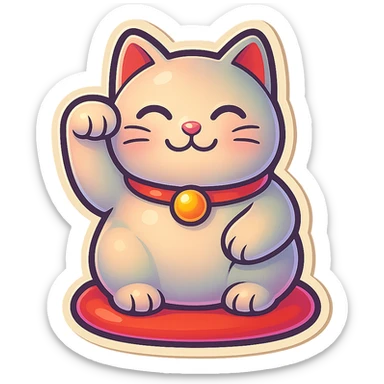 A plump maneki-neko cat as in the reference, with the right paw raised (from viewer's perspective), sitting on a cushion. Style is retro-stickers with thin clean outlines, soft rounded shapes, detailed drawing with shadows and highlights, pastel palette #98B5BC, #B5B3C1, #C9A3C9, #E4C0CA, #F7DCD1, #F7C0AA, modern Japanese pop-art, soft lighting, transparent background. sticker