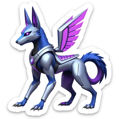 Silver and indigo and purple and violet cyberpunk intricate neon glowing grey white futuristic cyborg-Anubis-Zeraora-Zoroark-fusion (full body) sticker