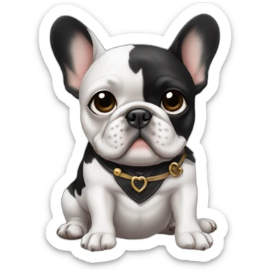 A french bulldog with black and white colors, one eye black, like a pirate, sitting on the ground, making a heart emoji sticker