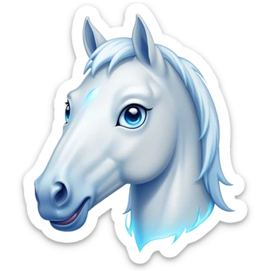 Cinematic Comical White Horse Portrait Emoji, Head tilted dramatically with an exaggeratedly amused expression, featuring a striking white fur with a glossy finish and wide, expressive blue eyes filled with playful disbelief, Simplified yet hilariously expressive features, highly detailed, glowing with a slightly sassy glow, high shine, dramatic yet playful, stylized with an air of cheeky mischief, bright and endearing, soft glowing outline, capturing the essence of a spirited and over-the-top horse, so meme-worthy it feels like it could side-eye its way into internet fame instantly! sticker
