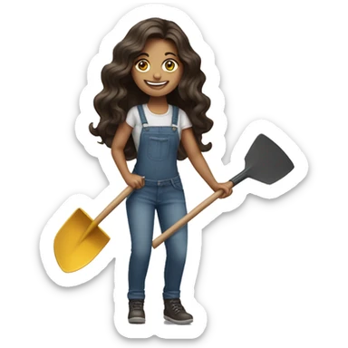  Beautiful woman long wavy hair dark brunette holding shovel an smiling sneakily   sticker