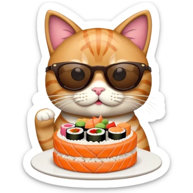cool cat wearing sunglasses eating a birthday cake made out of sushi sticker