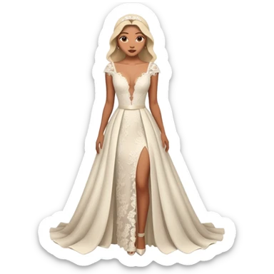 A modern lace wedding gown with a deep plunging neckline, cap sleeves, and a flowing skirt featuring two high front slits for a bold and romantic look.
 sticker