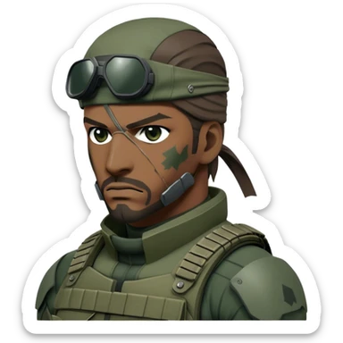 Cinematic Realistic Metal Gear Solid Snake Soldier Portrait, depicted with steely determination and tactical precision. Clad in intricately detailed combat attire in consistent muted greens, browns, and blacks, his rugged, weathered features and piercing eyes exude relentless resolve. Rendered with lifelike texture and dramatic, natural lighting, high shine, noble and stealthy, capturing the essence of a legendary soldier operating in the shadows. sticker