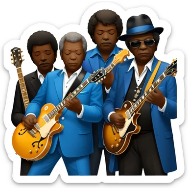 Icon for Blues Music: close-up collage of legendary blues artists. Gary Moore, Eric Clapton, B.B. King and Joe Cocker. Represented by silhouettes or symbolic items like guitars, microphones, or music notes, reflecting the soulful energy of blues music. Transparent background. sticker