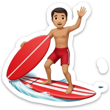 50 year old, dark haired, tan, red shorts man riding a big wave sticker