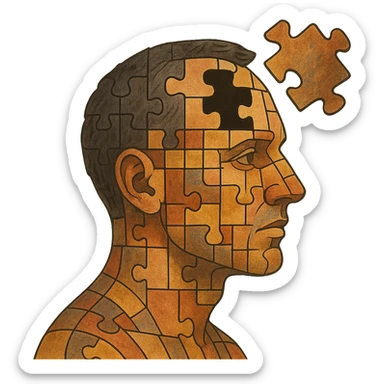 A man's head as a mosaic puzzle, with pieces fitting into his head, in a surreal and abstract style sticker
