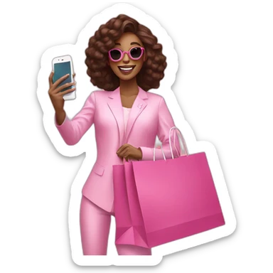 influencer taking selfie with a pink shopping bag sticker