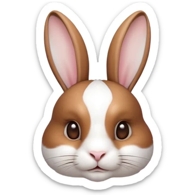 Cinematic Noble White and Brown Rabbit Portrait Emoji, Poised and regal, with a balanced, compact build and a beautifully patterned fur of pristine white accented by rich brown patches, long, alert ears and deep-set soulful eyes, Simplified yet sharp and sophisticated features, highly detailed, glowing with a soft, dignified glow, high shine, intelligent and gentle, stylized with an air of refined charm, focused and attentive, soft glowing outline, capturing the essence of a watchful and confident companion, so majestic it feels as though it could hop out of the screen with effortless authority! sticker