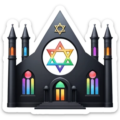 jewish synagogue temple in dark goth aesthetic style with black building and very light tint glass windows that are rainbow if looked at together. and star of david and celestial symbolism sticker