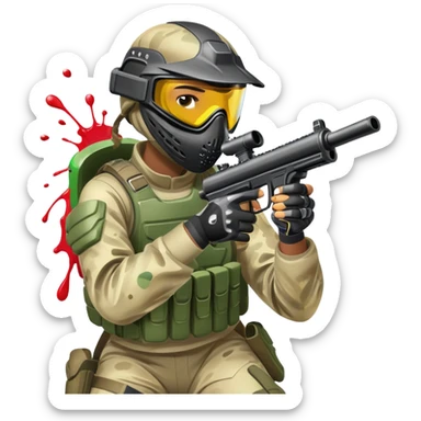 A paintball player in full gear, aiming a paintball gun with focus and determination. The scene includes vibrant splashes of paint and a dynamic battlefield setting, emphasizing action, strategy, and teamwork in a competitive environment sticker