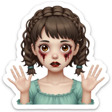 Cabelo ondulado  um pouco cheio e franja curta  Olhos marrons e pequenos e feita d ezumbi mais bonita com cabelo amarro na e com as mãos assim tipo assim🧟‍♀️ sticker