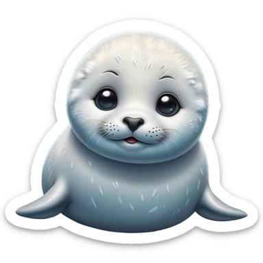 Cinematic Cute Baby Seal Portrait Emoji, Head tilted playfully and inquisitively, featuring a charming, pudgy body with velvety, damp fur, oversized round eyes brimming with innocent wonder, and a soft, cuddly face, Simplified yet irresistibly adorable features, highly detailed, glowing with a warm, frosty glow, high shine, affectionate and lively, stylized with a touch of whimsical polar magic, soft glowing outline, capturing the essence of a mischievous yet loving baby seal that seems as if it could waddle out of the screen into your arms! sticker