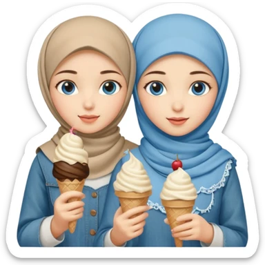 Turkish beautiful finish Konya two girls blue eyes with beige denim hijab islamic dress and had on her hand ice cream sticker