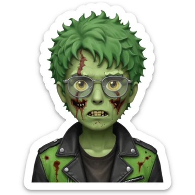 Hombre zombie de piel verde con chaqueta de cuero punk, pelo rizado corto y gafas sticker
