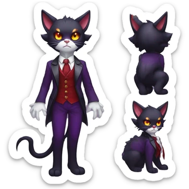 Cute-Evil-Vampiric-Batty-Cat-Black-Purple-Red-Yellow-Contrast-Colors-Fantasy-Fur-Sona-Chibi-Shiny-Fakémon-Hybrid with horns and big fangs neck bow white tie leg spats full body sticker