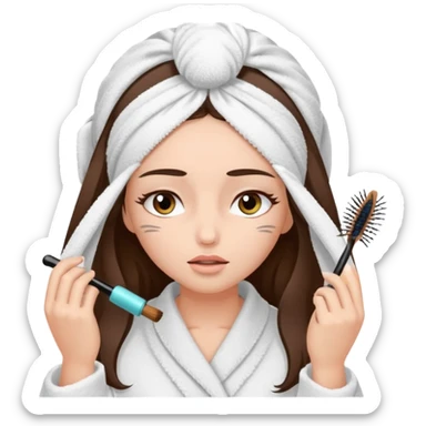 Girl with brown hair in white dressing gown and white towel wrapped in her head doing her mascara  Eyes closed white dark hair and towel wrapped differently doing mascara long hair  sticker