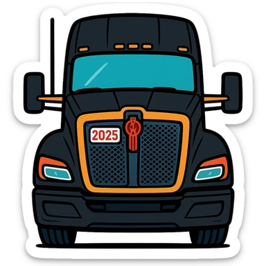 2025 Kenworth T680, black, front view, close-up, stylized cartoon style sticker