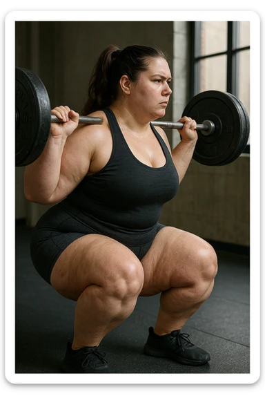 donna grassa con lipedema alle gambe che fa uno squat di profilo con bilanciere, IPERREALISTICA 4K sticker