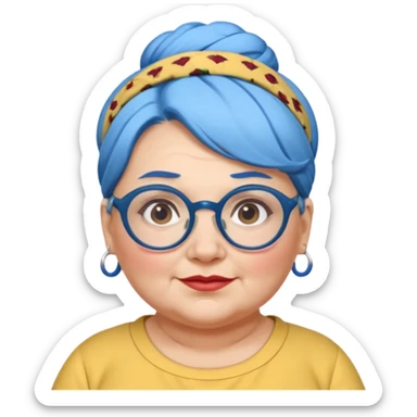 fat old woman with blue big bun hair and glassess and headband sticker