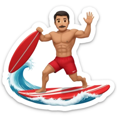 50 year old, muscular, dark haired, tan, red shorts man riding a big wave sticker