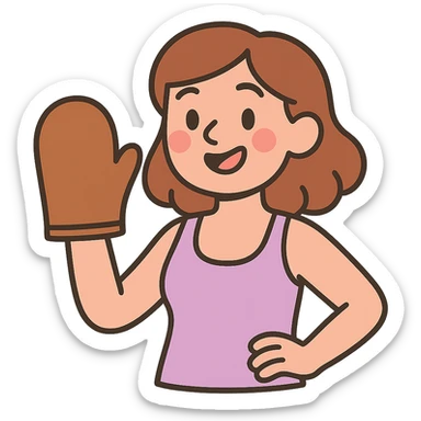 pastel toon style pale skintone woman with brown hair holding a tanning mitt sticker