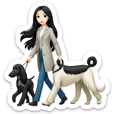 A girl with long black hair walks a black and white Afghan hound sticker