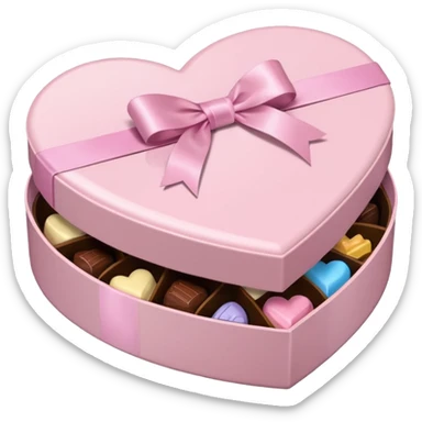 pale pink heart box, open to reveal assorted chocolates, pale pink ribbon sticker