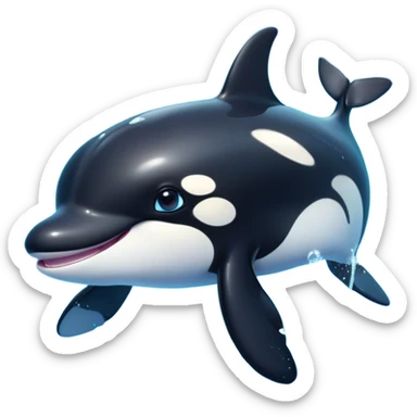 Cinematic Cute orca Portrait Emoji, Head tilted playfully and inquisitively, featuring a smoothly rounded body with bright, sparkling eyes and an adorable, friendly smile, Simplified yet irresistibly adorable features, highly detailed, glowing with a warm, ocean-blue glow, high shine, affectionate and lively, stylized with a touch of whimsical aquatic charm, soft glowing outline, capturing the essence of a mischievous yet endearing orca that seems as if it could leap right into your heart! sticker