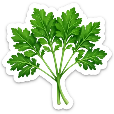 single parsley leaf, fresh, bright green, serrated edges, natural curves, glossy, fine central vein, branching lobes, no stem bunch, no background, soft lighting, emoji scale sticker