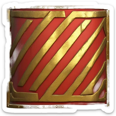 A bright red, rectangular-shaped Roman legionary shield with bold golden edges and a central gold boss. The shield features subtle geometric patterns and a worn texture, symbolizing both protection and battle readiness sticker