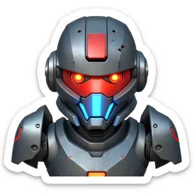 futuristic war robot portrait, head and shoulders only, aggressive design, sharp armor edges, glowing red eyes, battle-damaged helmet faceplate, heavy armor collar, intense dramatic lighting, sci-fi metal textures, 3D cartoon, mobile game icon style, clean background, no text, no watermark
 sticker