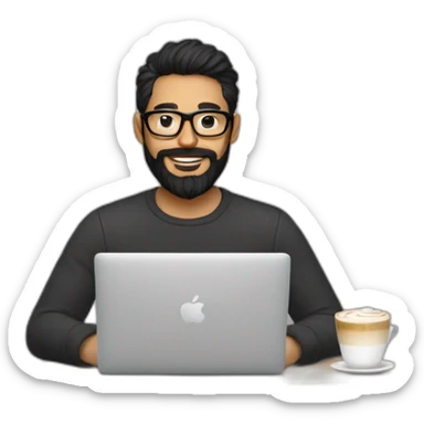 Designer with black hair, beard and glasses working with MacBook and drinking cappuccino  sticker