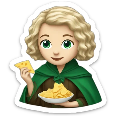 Blue eyes Slytherin girl with short wavy ash blonde bob hair eating chips and cheese hogwarts robe sticker