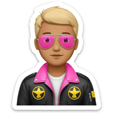 1980s man wearing reflective neon pink aviator sunglasses and a pilot jacket sticker