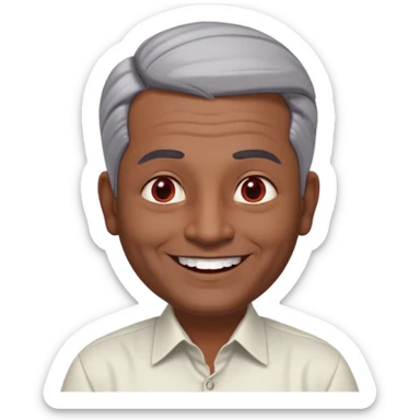 50 yr old indian man, dark skin, grey hair, big smile, white teeth, chubby, no moustache, clean shaven, young style hair, hair brushed back, 5 oclock shadow, bindy, dress shirt, forehead dot, chubby, religious, red dot, fancy hair sticker