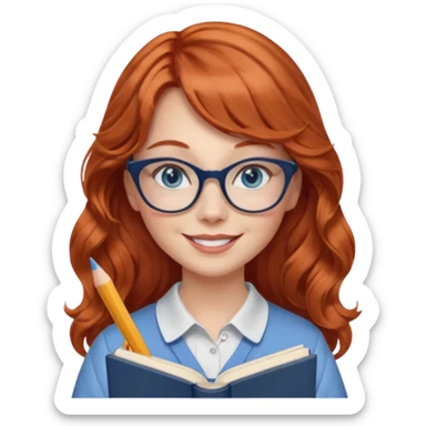 redheaded woman with very long wavy hair and bangs, blue eyes, clear cat-eye glasses, casual chic French teacher outfit, holding a pencil and a French textbook, smiling sticker