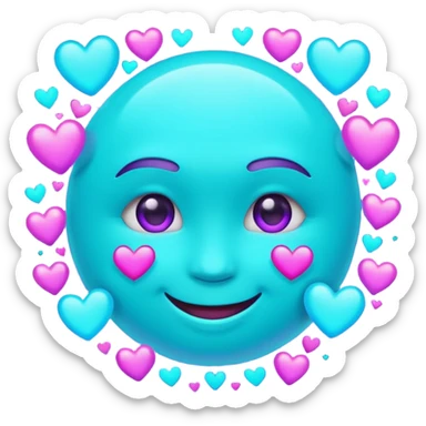 futuristic glowing emoji face smiling with floating neon hearts, purple and cyan holographic light, dark background sticker