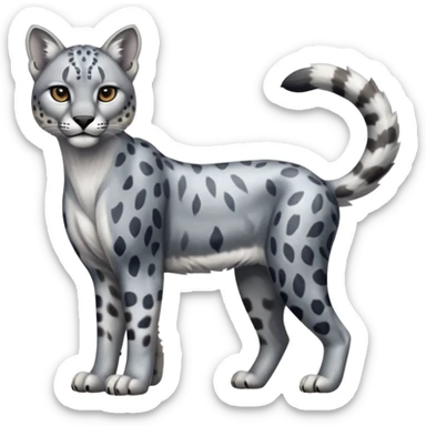 Realistic patterned marked edgy greyish blackish whitish silvery Shiny Colorful Glossy Cougar-Snow-Leopard-Caracal-Lioness-Bobcat-fusion-animal-hybrid-creature, full body, tufted ears, long thin tufted tail sticker