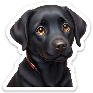 Cinematic Cute Black Labrador Portrait Emoji, Head tilted playfully and inquisitively, featuring a glossy black Fur with a healthy sheen, round, sparkling brown eyes filled with curiosity, Simplified yet irresistibly adorable features, highly detailed, glowing with a warm, friendly glow, high shine, affectionate and spirited, stylized with a touch of whimsy, bright and endearing, soft glowing outline, capturing the essence of a mischievous yet loving companion, so playful it feels like it could dash out of the screen and into your arms! sticker