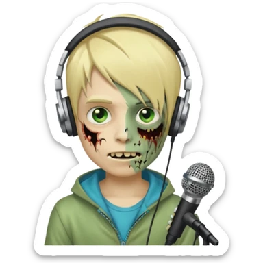 boy zombie whit blonde emo hair and eyes blue and GREEN SKIN and heandphones AND A MICROFONE AND GOLD TEETH  sticker