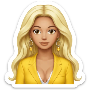 Beyonce with long platinum blonde hair, yellow outfit and earring sticker