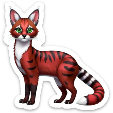 Colorful dark tropical sanguine-red, black, white fur, with green eyes, iridescent glorious divine exotic cute cool beautiful shiny beautiful fantasy-caracal-civet-genet-sergal-vernid-Cacomistle-oncilla-animal-Fakémon-hybrid-fursona with pattern markings (full body) sticker