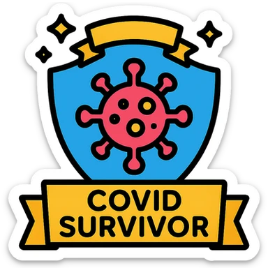 colorful badge icon with a shield and virus symbol, text 'COVID Survivor', celebratory style sticker