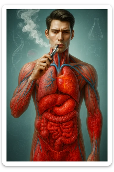 A medical illustration of a realistic human body with inflamed liver and intestine in evidence, while smoking an electronic cigarette, hyperrealistic, identical style to the reference image, vertical 9:16 format. sticker