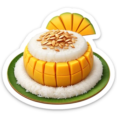 cinematic-realistic-mango-sticky-rice-dessert-emoji,-showcasing-sweet-sticky-rice out of a mould-paired-with-ripe-mango-slices-and-coconut-milk-rendered-with-lifelike-detail-and-warm,-inviting-lighting with the coconut  milk over the rice sticker